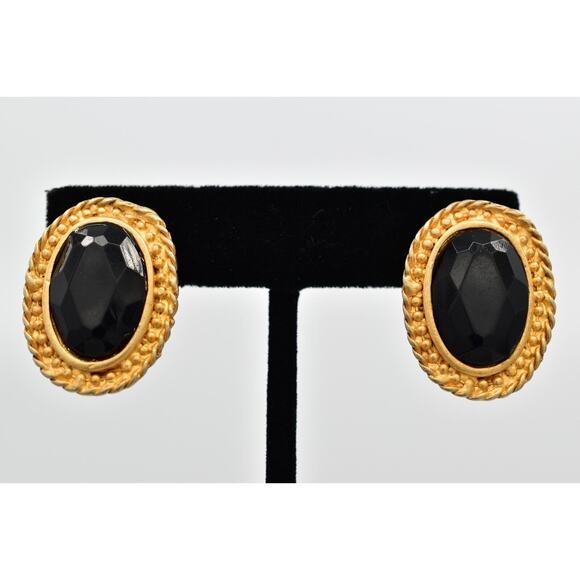 Vintage Crystal Clip On Earrings Black Oval Brushed Gold Matte Retro 1980s BinAI - Picture 1 of 12